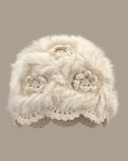 Hand-Crocheted Flower Openwork Angora Beanie