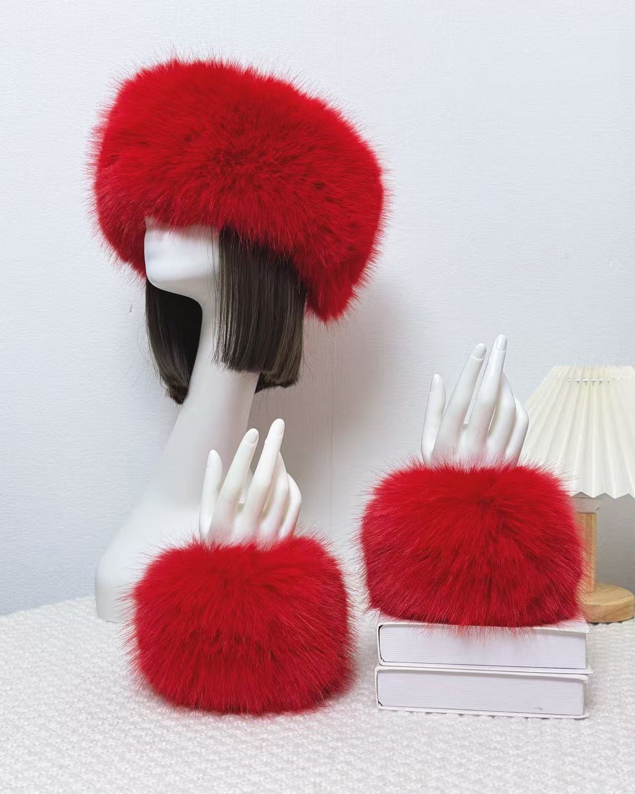 2pcs Set Solid Color Acrylic Fuzzy Beanie Hat And Cuffs