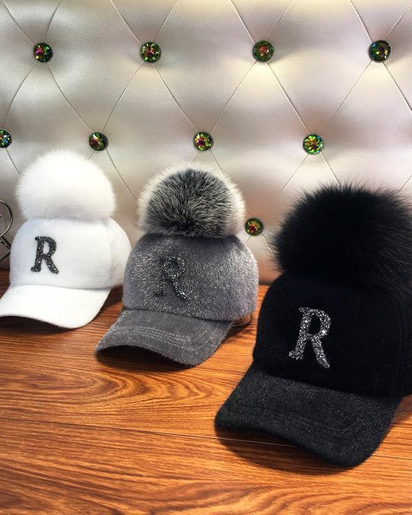 Hat Women's Autumn And Winter Haima Fur Cap Women's Rhinestone R Letter Removable F Faux Fox Fur Ball Baseball Cap
