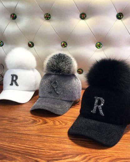 Hat Women's Autumn And Winter Haima Fur Cap Women's Rhinestone R Letter Removable F Faux Fox Fur Ball Baseball Cap