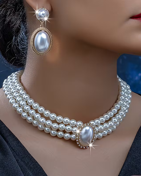 Fashionable and Unique Imitation Pearl Necklace and a Pair of Stylish and Distinctive Imitation Pearl Drop Earrings