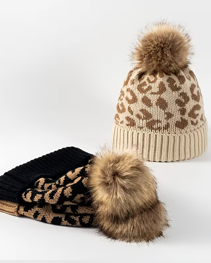 Casual Leopard Patchwork Fuzzy Thick Knitted Beanie Hat