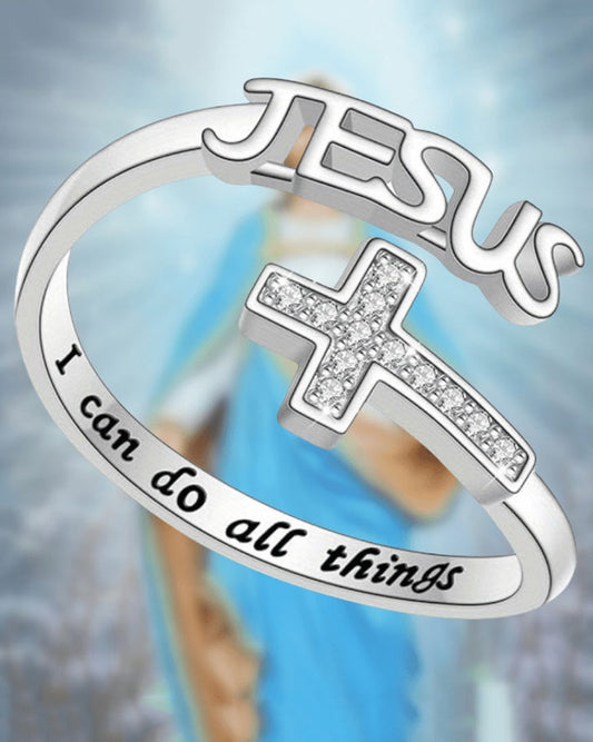 Elegant Glass Rhinestone Inlay Cross Ring with Engraved 'I Can Do All Things'