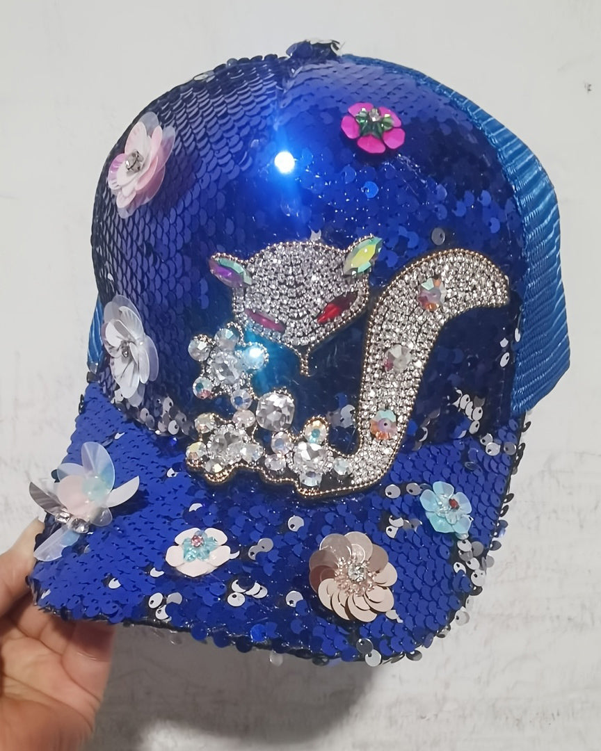High-Quality Rhinestone & Sequin-Embellished Fox Accent Baseball Cap