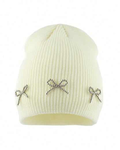 Winter Warm Knitted Elegant Beaded Bow Cute Hat