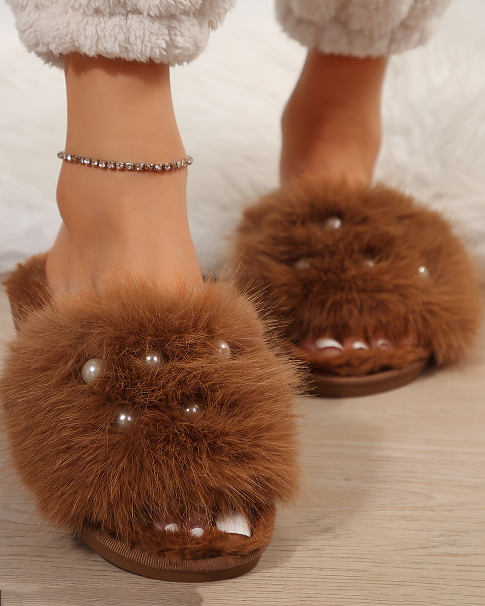 Cozy Pearl Long Plush Fuzzy Flat Slippers