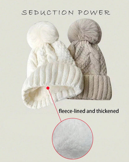 Women Warm Knitted Hat With Large Fur Pom Pom