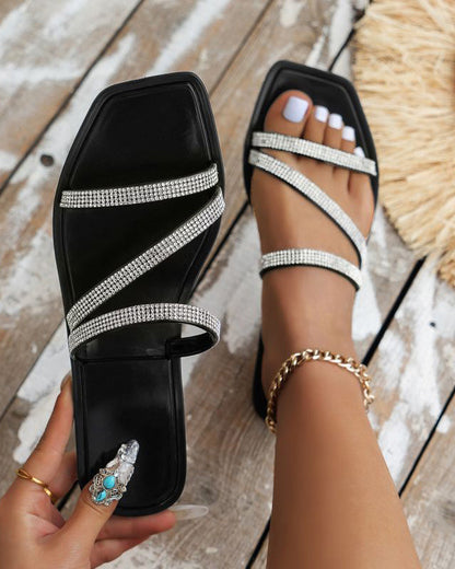 Silver Rhinestone Flat Slippers