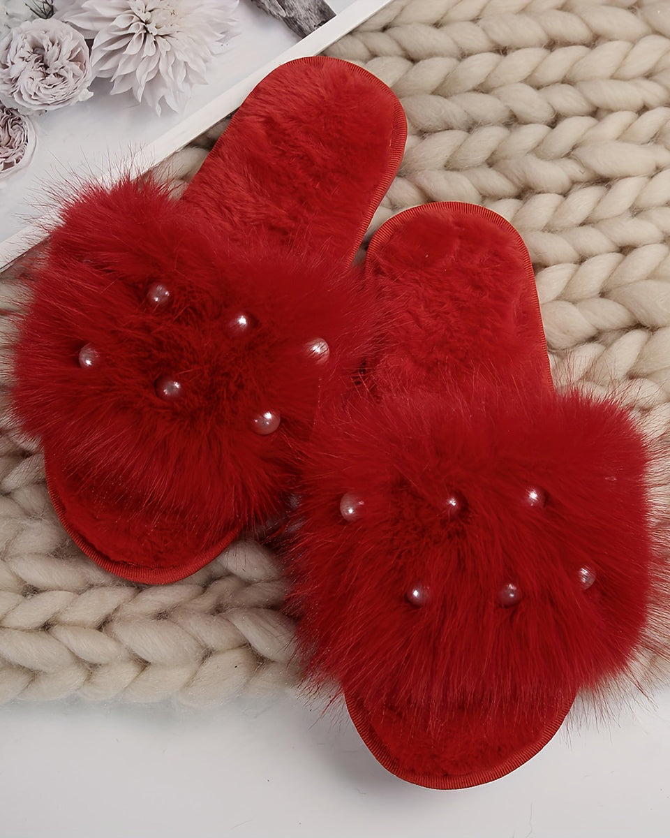 Cozy Pearl Long Plush Fuzzy Flat Slippers