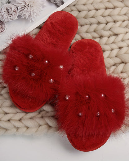 Cozy Pearl Long Plush Fuzzy Flat Slippers