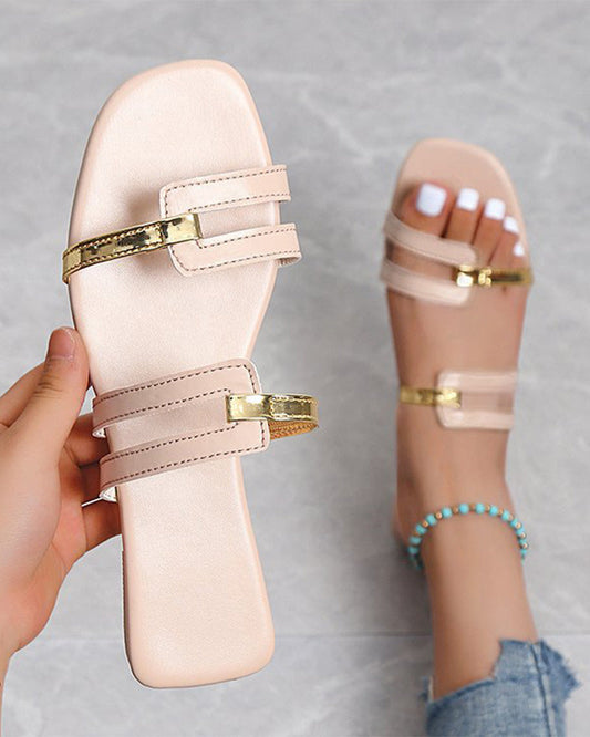 Square-toe Color-Blocked Flat Slippers