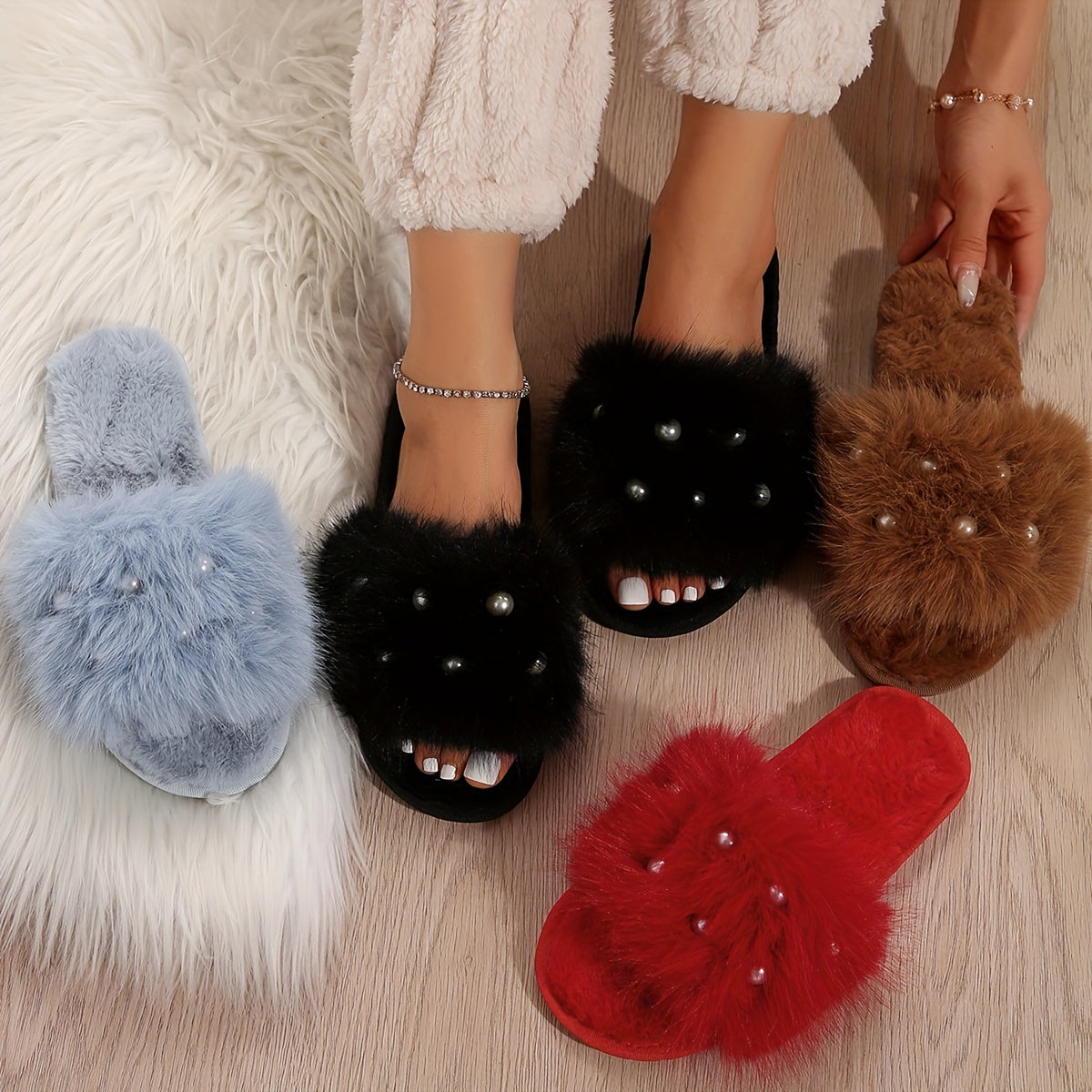 Cozy Pearl Long Plush Fuzzy Flat Slippers