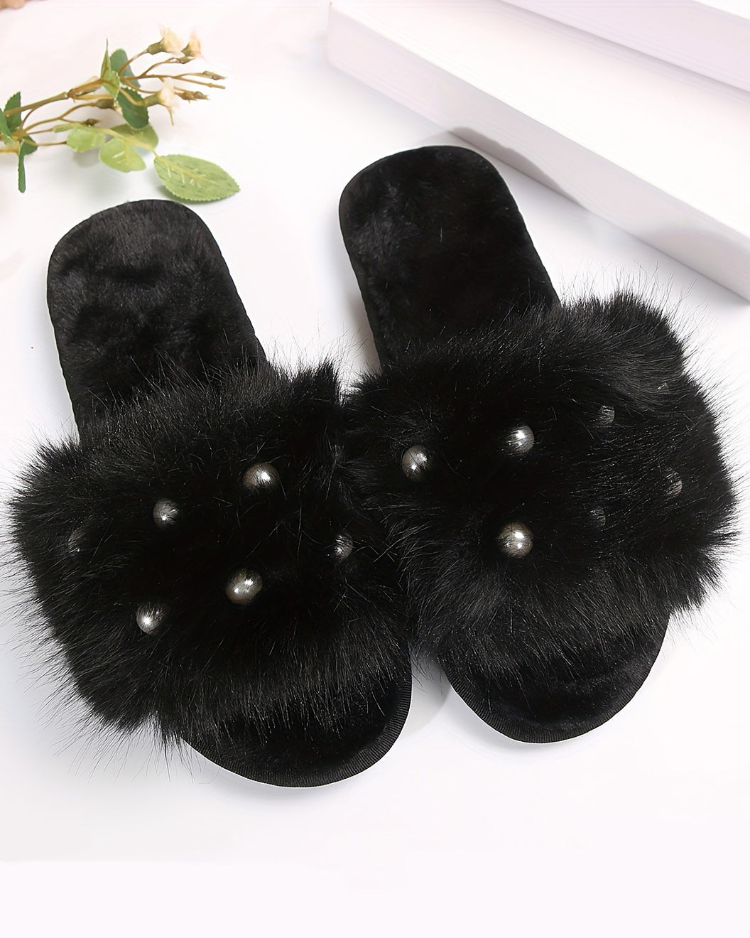 Cozy Pearl Long Plush Fuzzy Flat Slippers